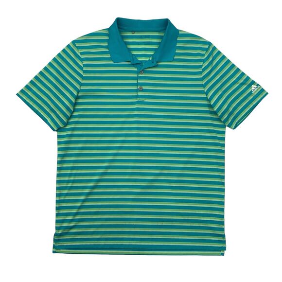 Adidas Polo Shirt Mens L Large Green Striped High Low Vented Hem Short Sleeves - Picture 1 of 14